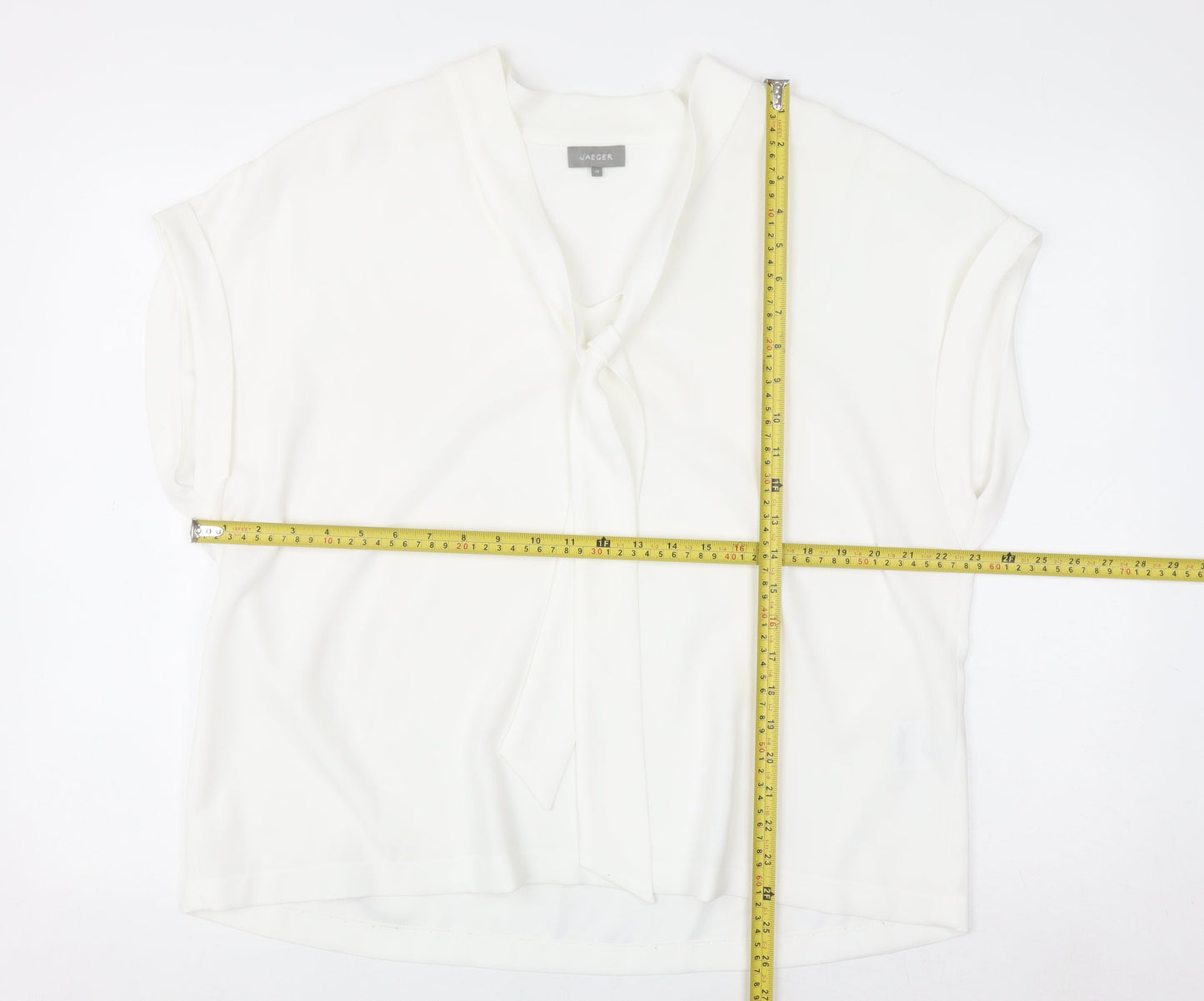 Jaeger Women's White Short Sleeve Tie Neck Blouse UK 18