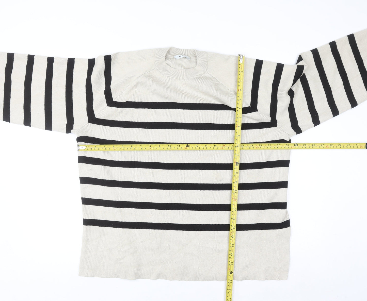 Object Women’s Beige Striped Knit Jumper L Long Sleeve Crew Neck