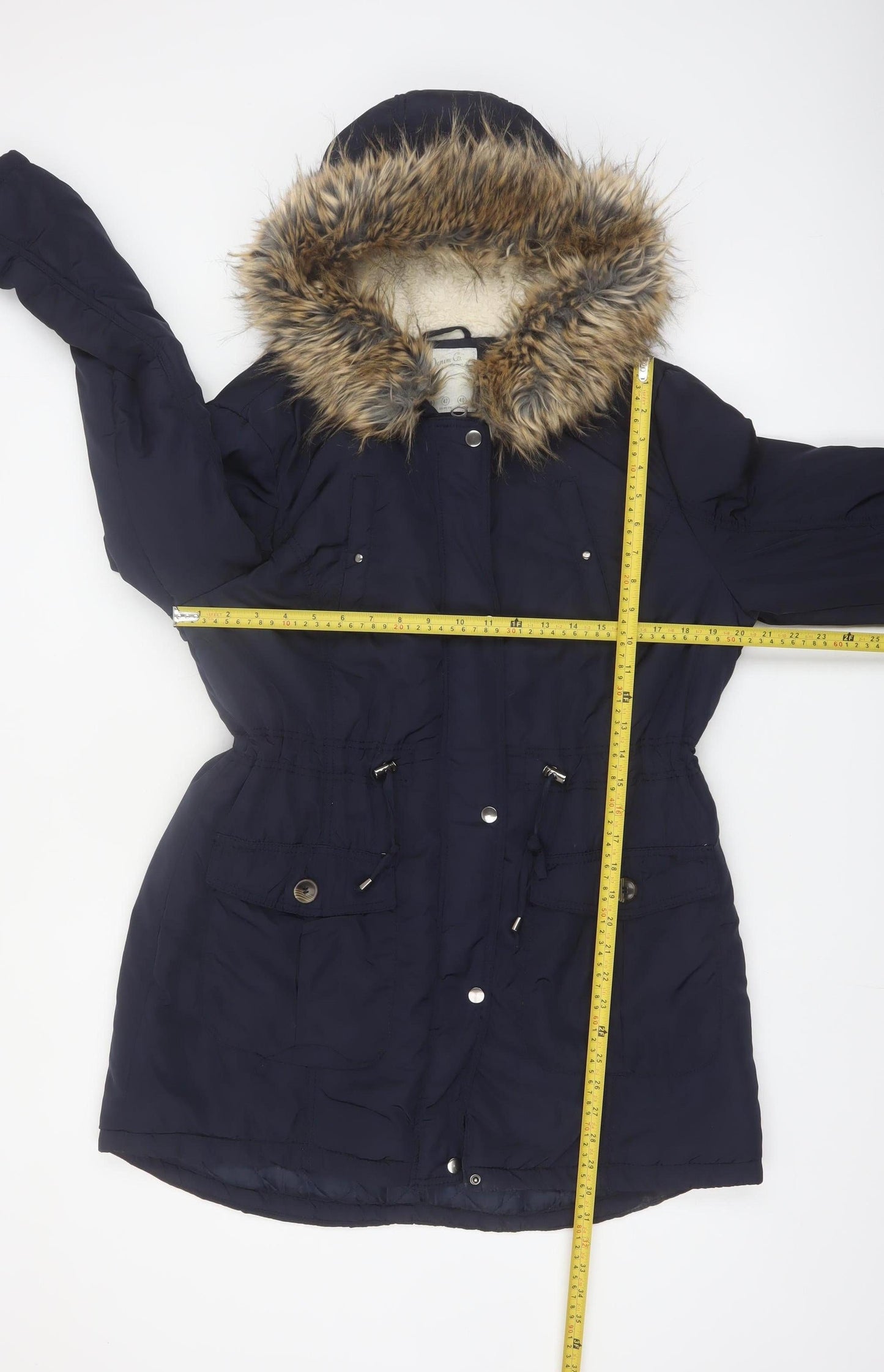 Denim Co Women Blue Faux Fur Trim Hooded Parka Coat Size 14