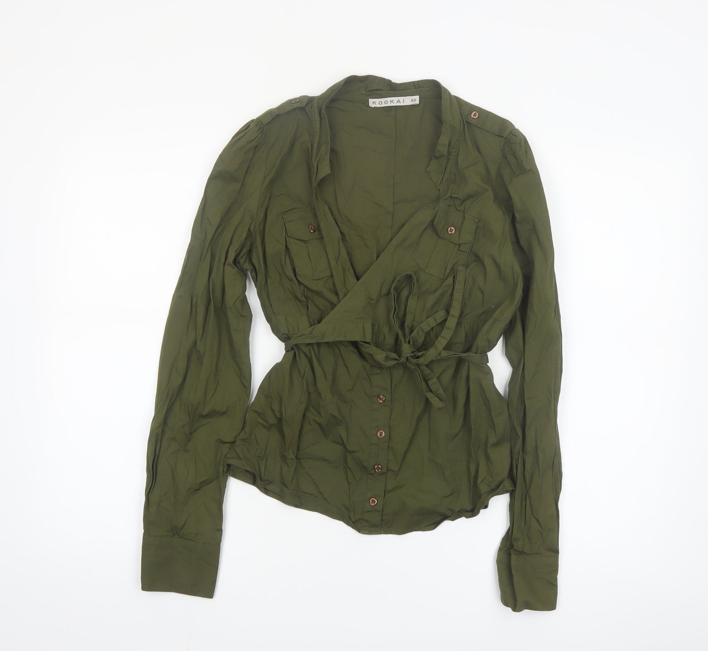 Kookai Women's Green Wrap Button-Up Blouse Size 12 Long Sleeve