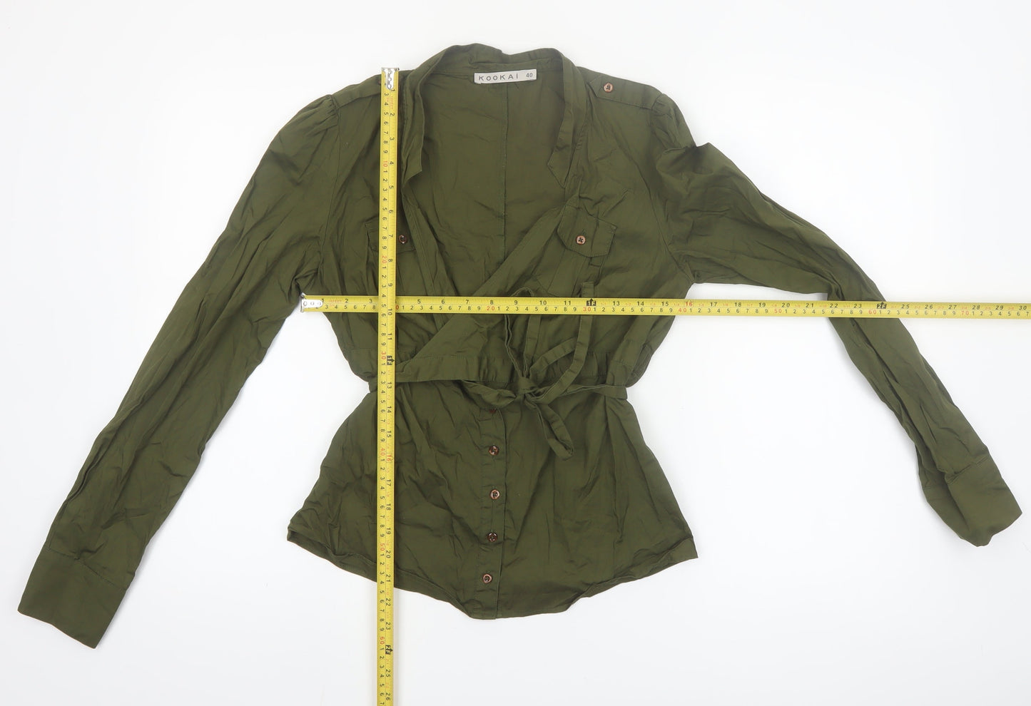 Kookai Women's Green Wrap Button-Up Blouse Size 12 Long Sleeve