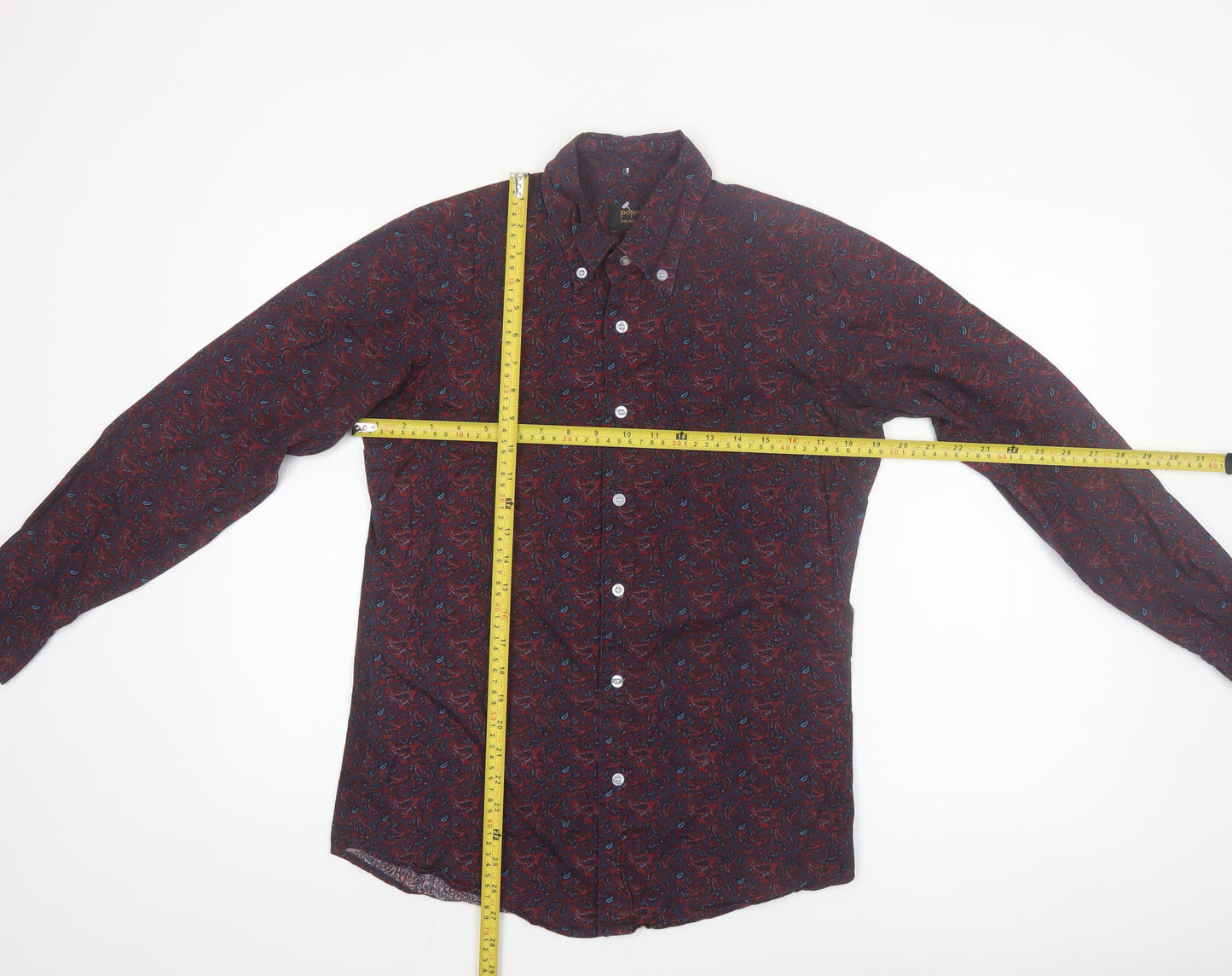 Pop England Men's Red Paisley Long Sleeve Cotton Button-Up Shirt Size S