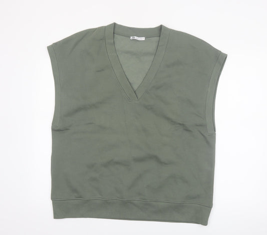 Zara Women Green V-Neck Sleeveless Basic Jersey Top Size 12
