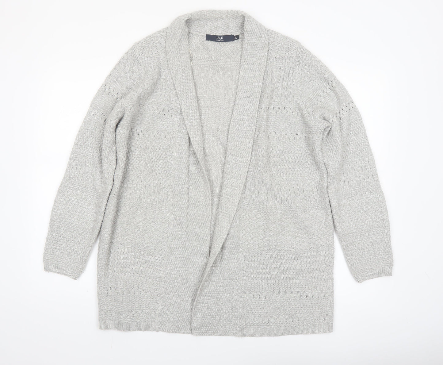 Isle Essentials Womens Grey Open Knit Long Sleeve Cardigan M 14-16