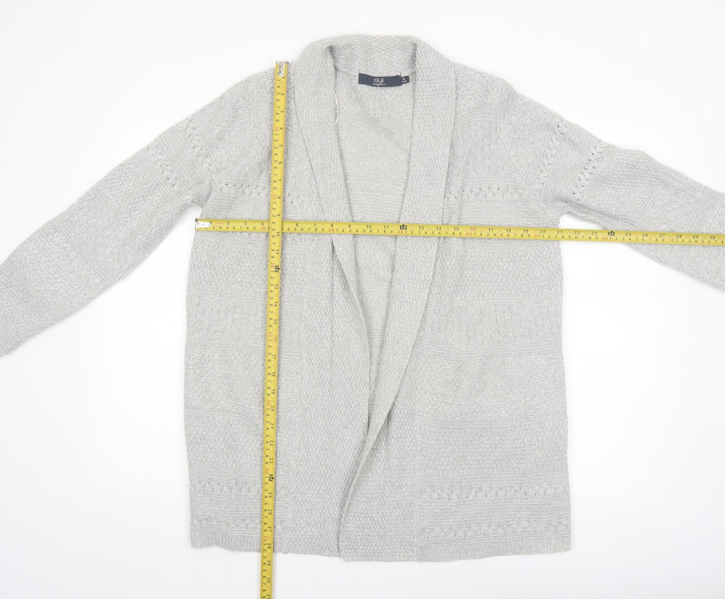 Isle Essentials Womens Grey Open Knit Long Sleeve Cardigan M 14-16