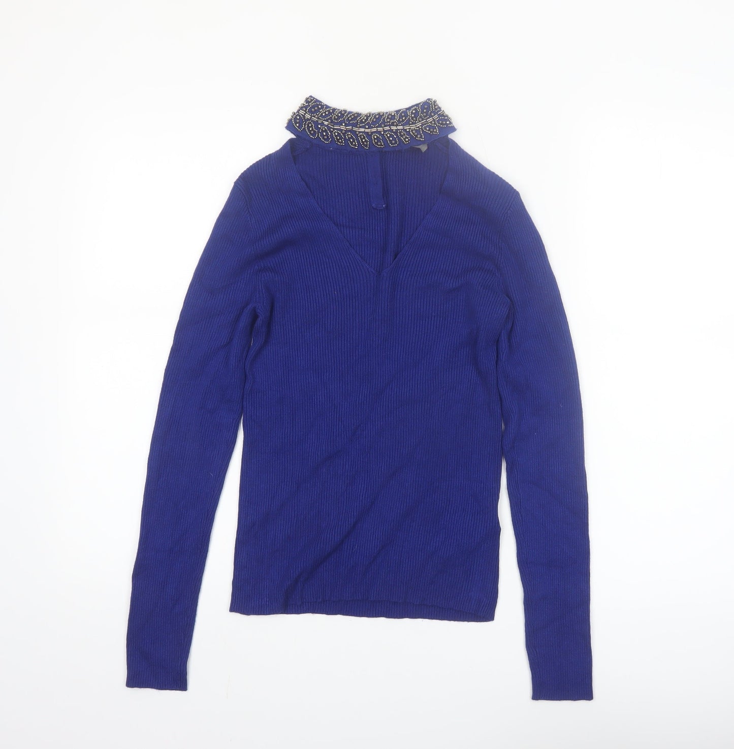 Oasis Women's Blue Beaded Collar V-Neck Slim Fit Jumper Size S