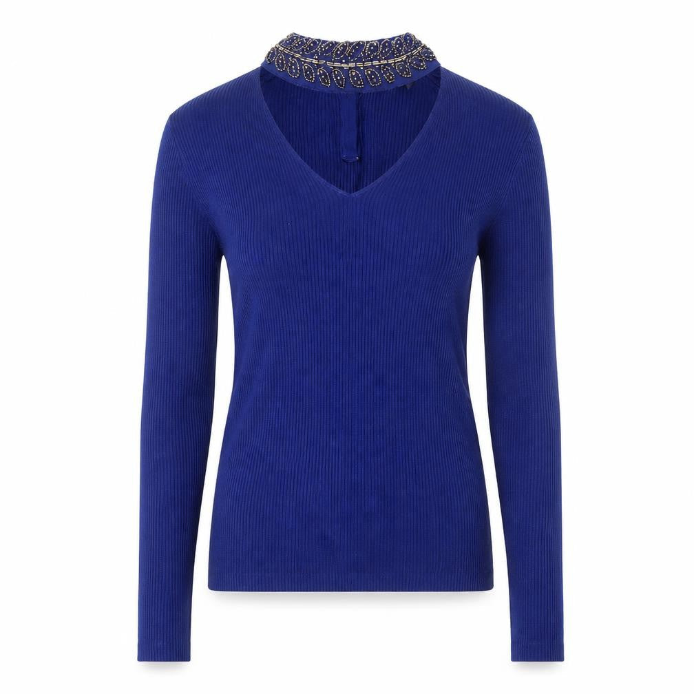 Oasis Women's Blue Beaded Collar V-Neck Slim Fit Jumper Size S