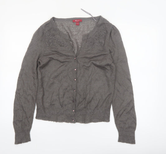 Monsoon Women Grey V-Neck Embroidered Cardigan Size 12