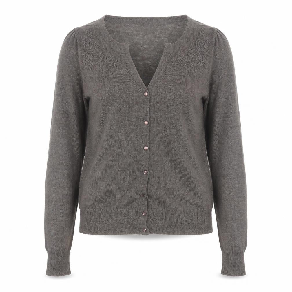 Monsoon Women Grey V-Neck Embroidered Cardigan Size 12