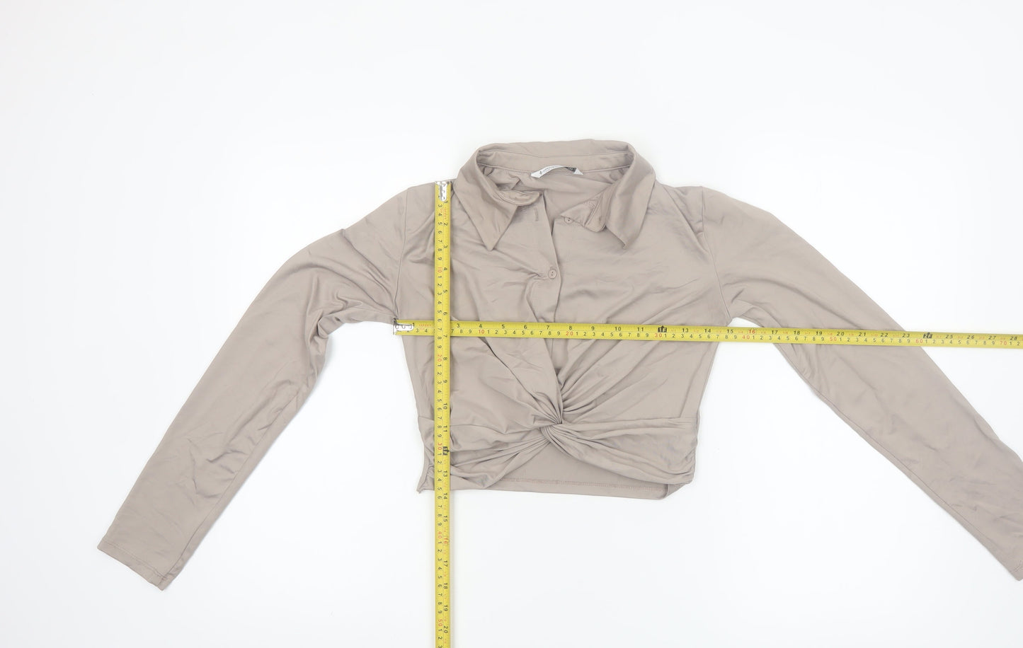 Stradivarius Women Beige Cropped Collared Long Sleeve Blouse Size 8