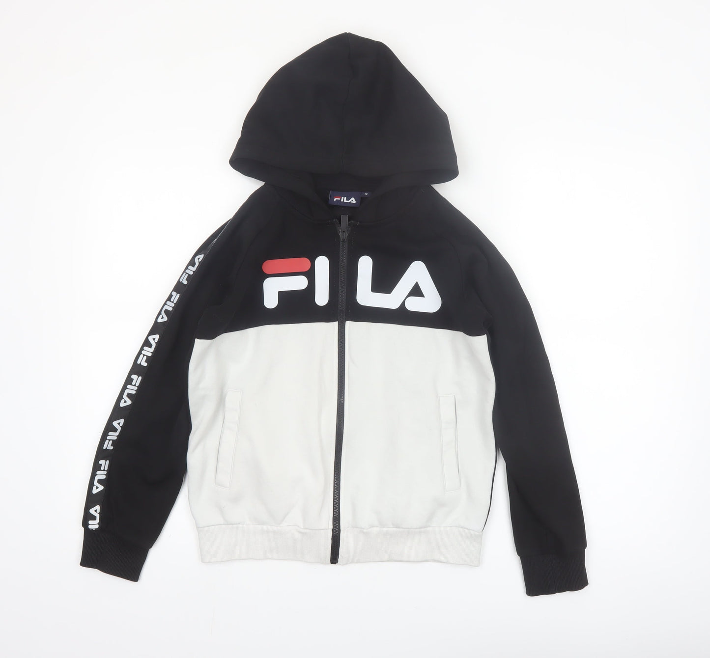 Fila Boys Black & White Full Zip Hoodie Age 12 Logo Hooded Sweatshirt