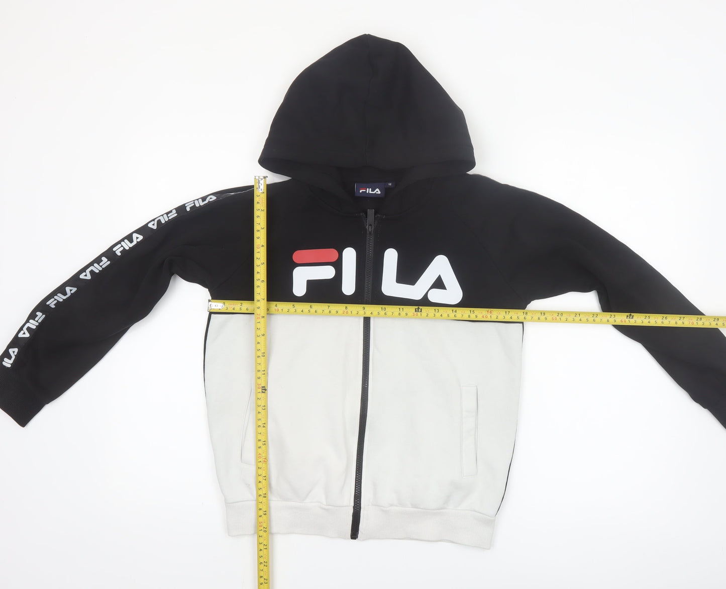 Fila Boys Black & White Full Zip Hoodie Age 12 Logo Hooded Sweatshirt
