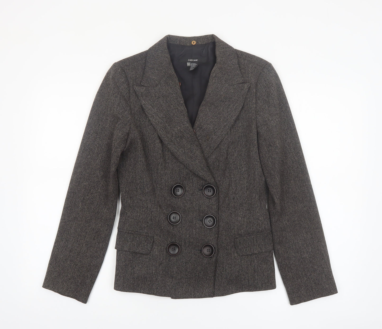 Zara Women Brown Tweed Double-Breasted Blazer M Classic Workwear