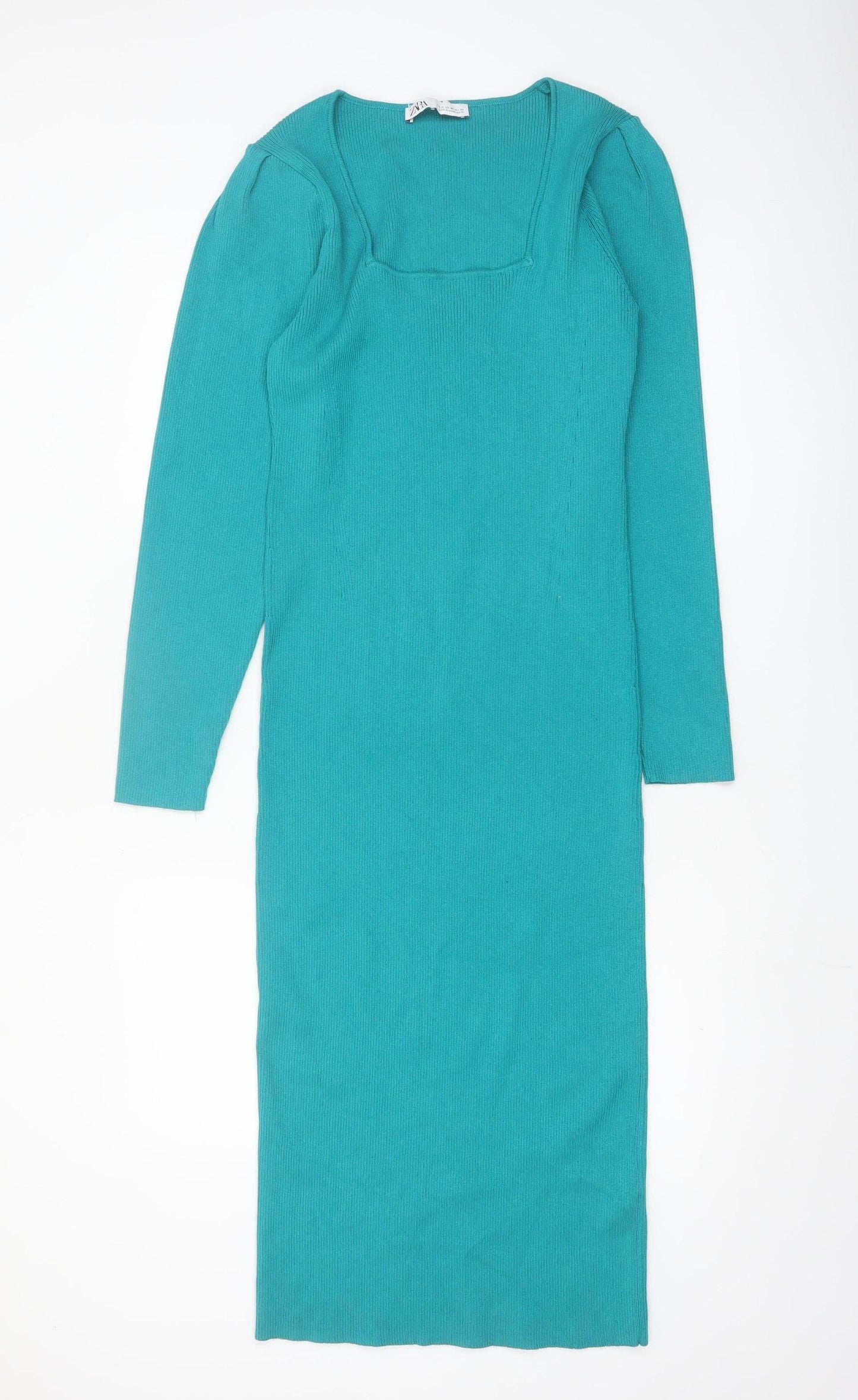 Zara Women Green Knit Bodycon Midi Dress L Long Sleeve