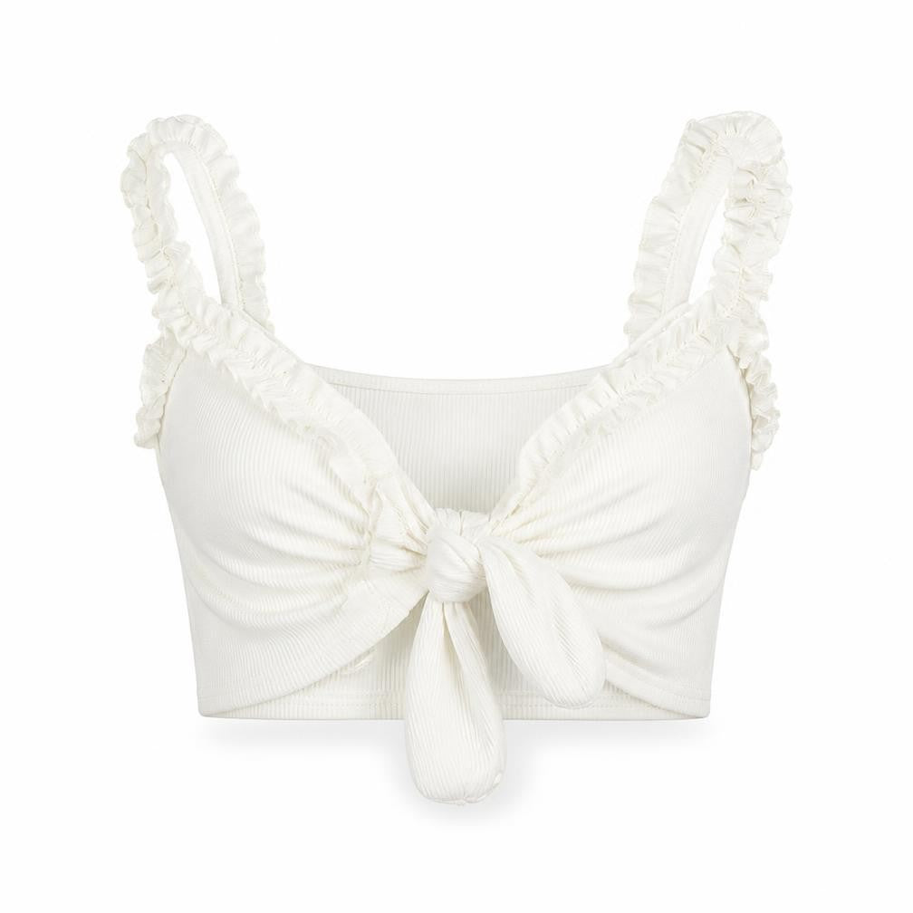 PRETTYLITTLETHING Women’s White Cropped Tie Front Ruffle Strap Top Size 6