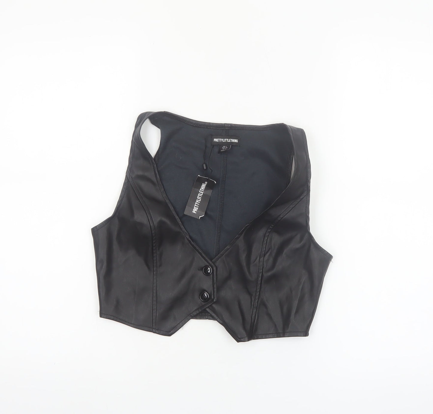 PrettyLittleThing Women's Black Faux Leather Cropped Vest Top UK 6