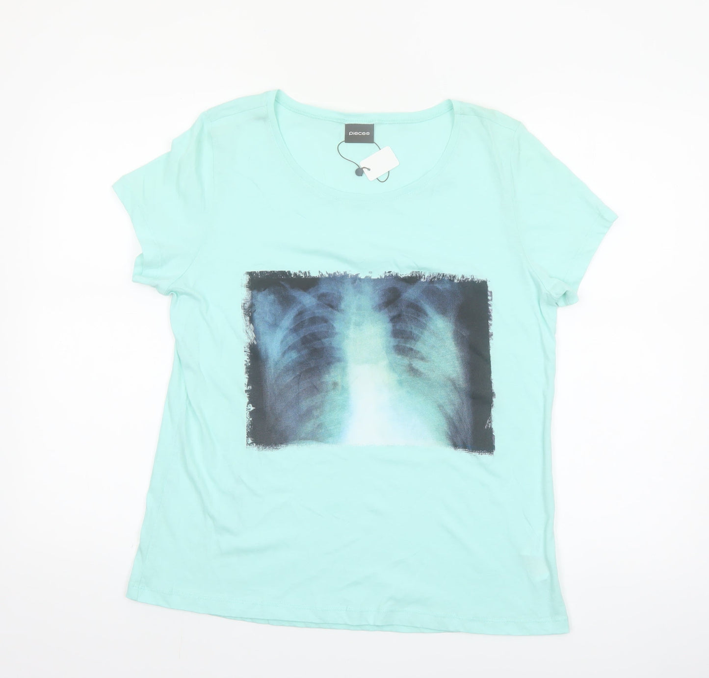 Pieces Womens Blue Graphic Print Short Sleeve Cotton T-Shirt UK 10