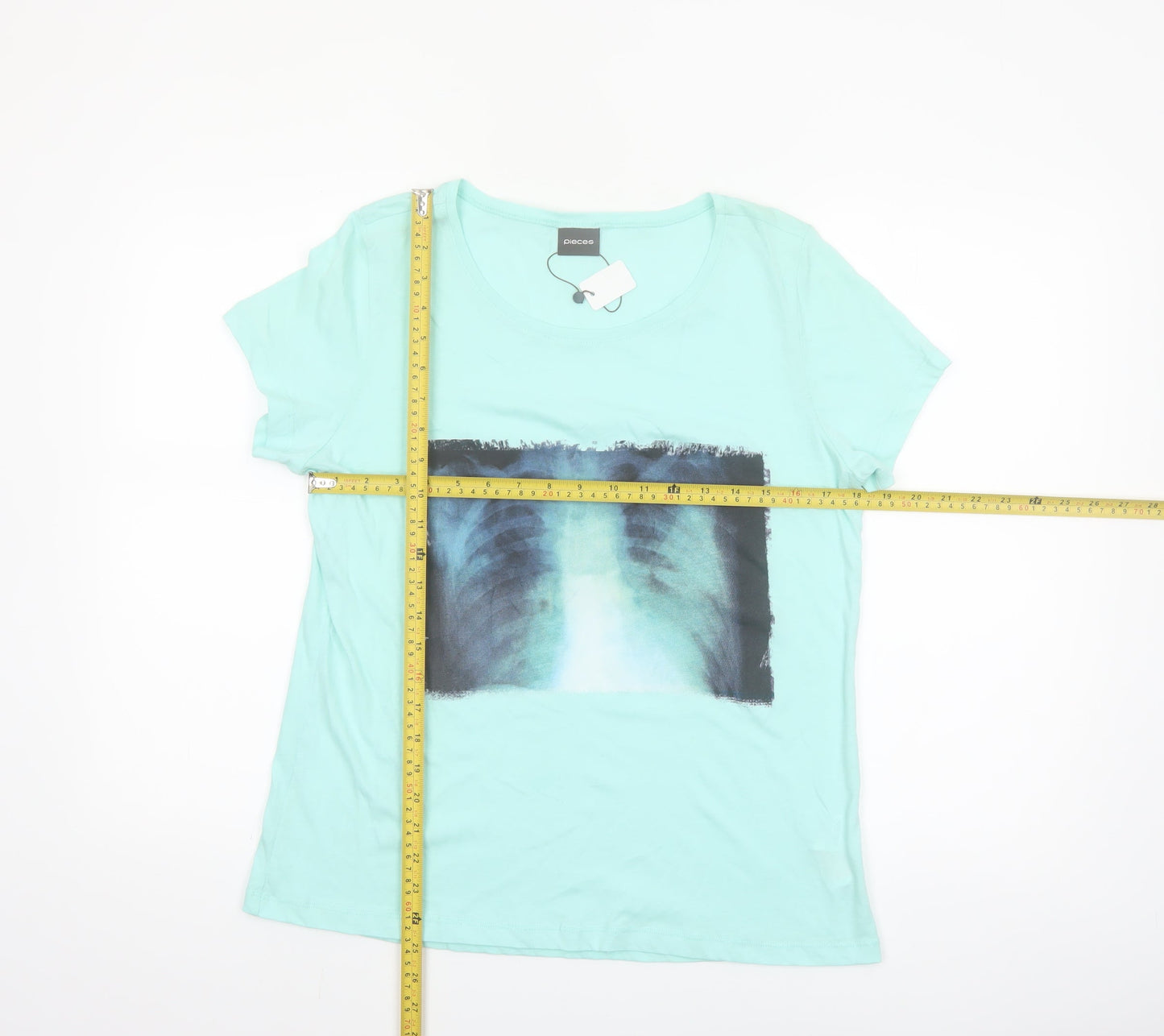 Pieces Womens Blue Graphic Print Short Sleeve Cotton T-Shirt UK 10