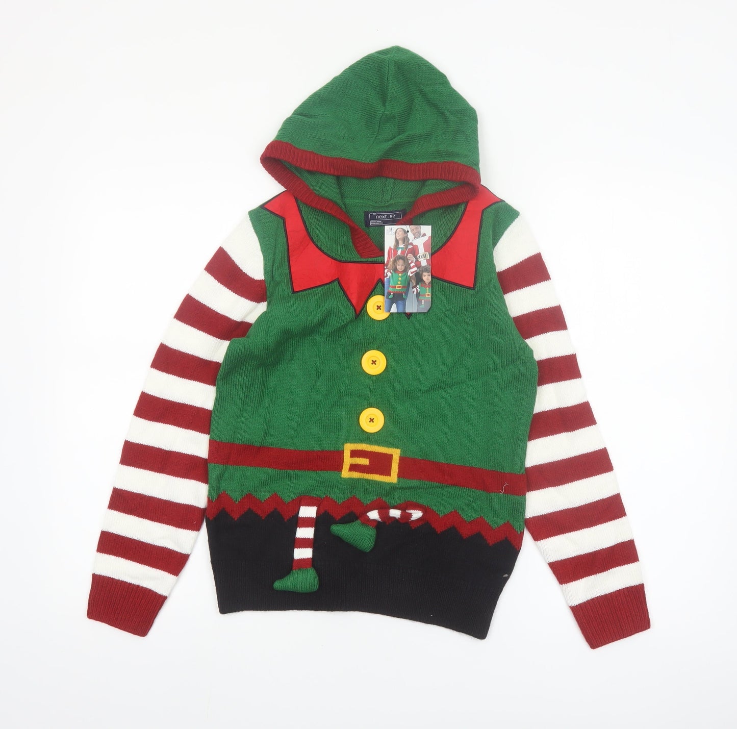 Next Boys Green Elf Hooded Christmas Jumper 10 Years Acrylic Knit