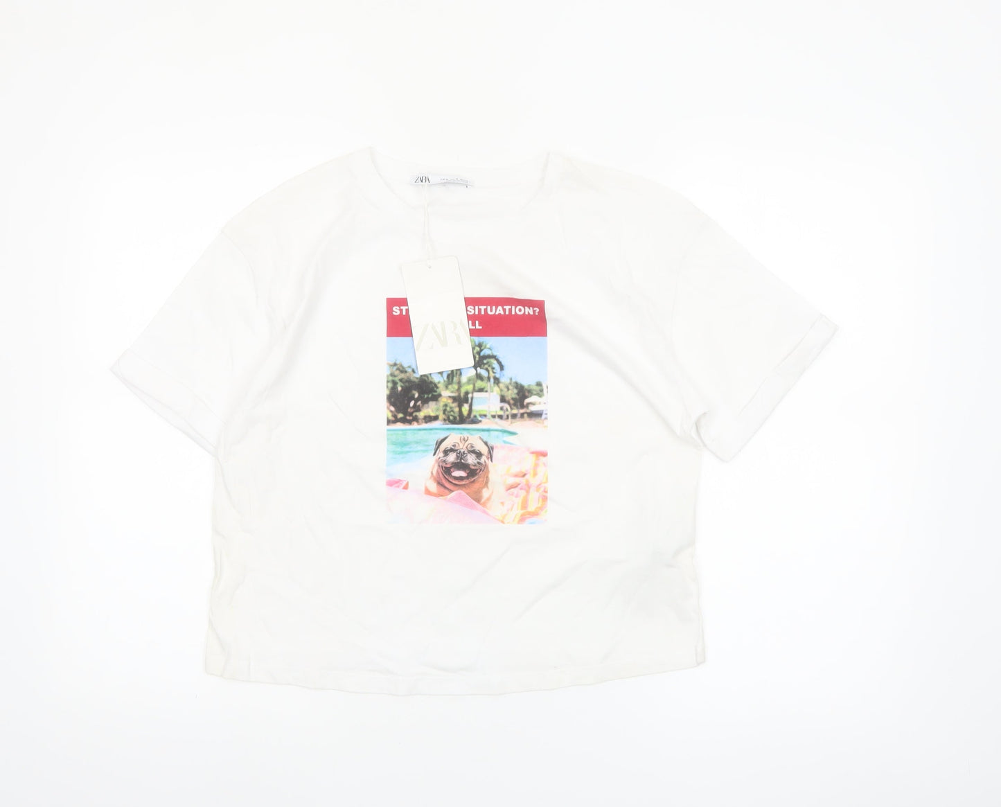 ZARA Women’s White Cotton Cropped Graphic T-Shirt Size 12