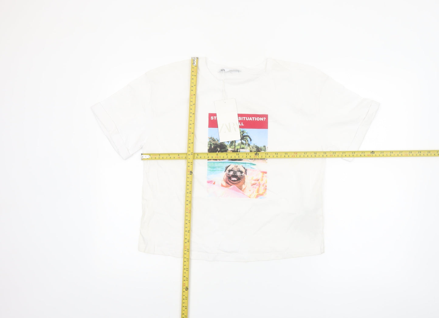 ZARA Women’s White Cotton Cropped Graphic T-Shirt Size 12