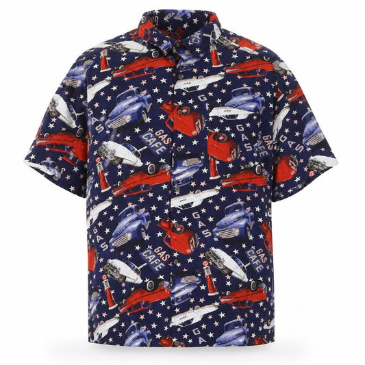 George Men's Blue Retro Car Print Short Sleeve Button-Up Shirt 2XL