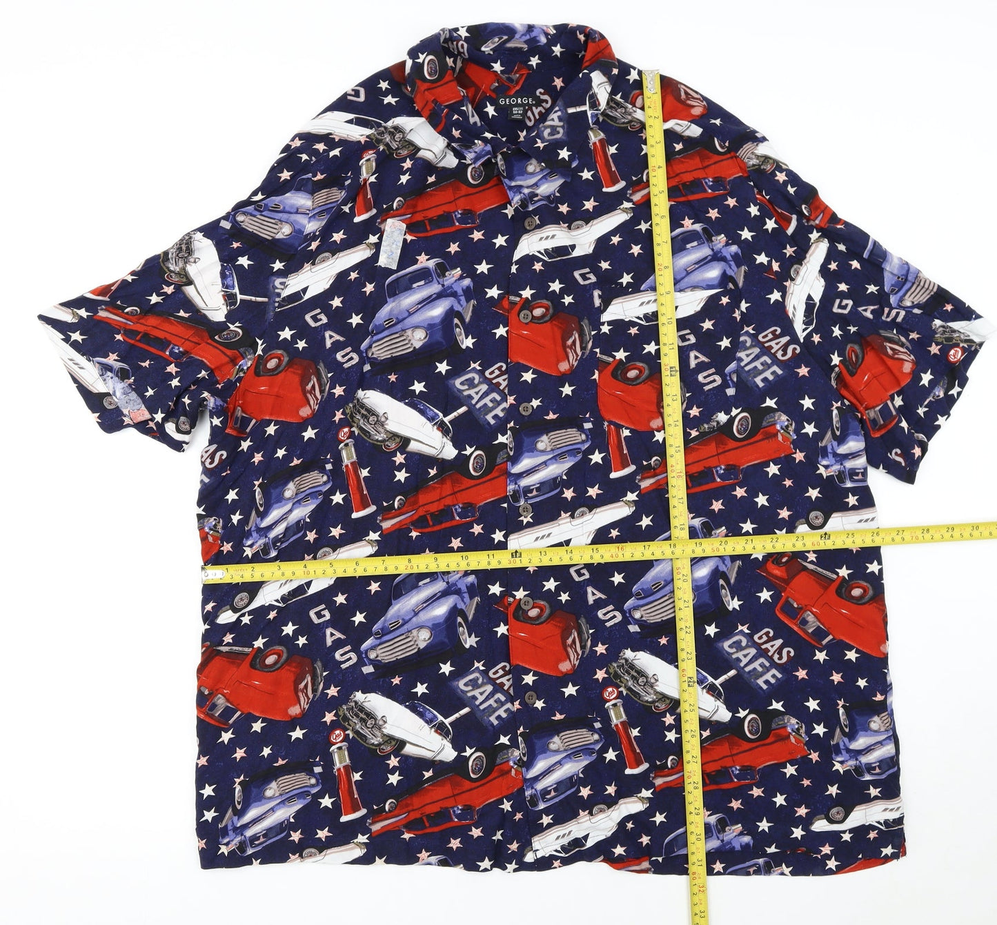 George Men's Blue Retro Car Print Short Sleeve Button-Up Shirt 2XL