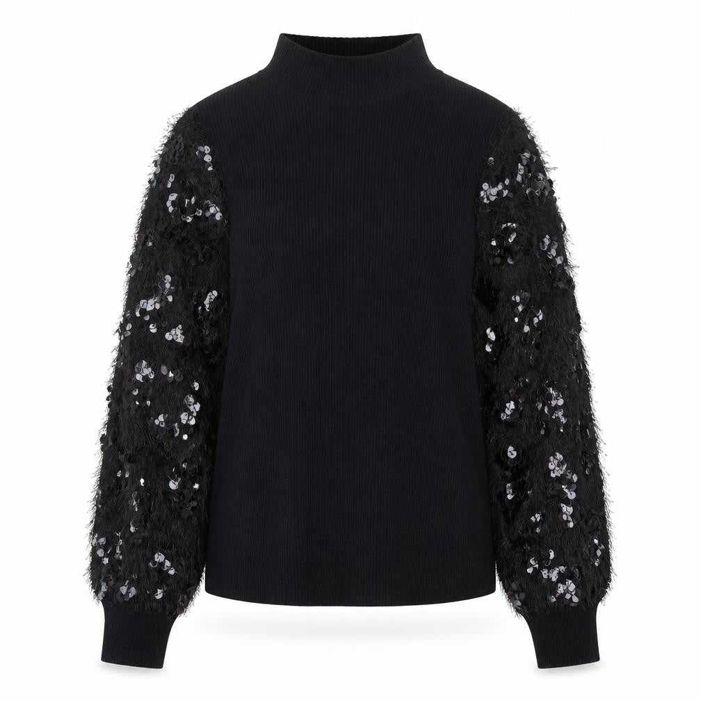 Quiz Women Black Sequin Sleeve Mock Neck Pullover Jumper M