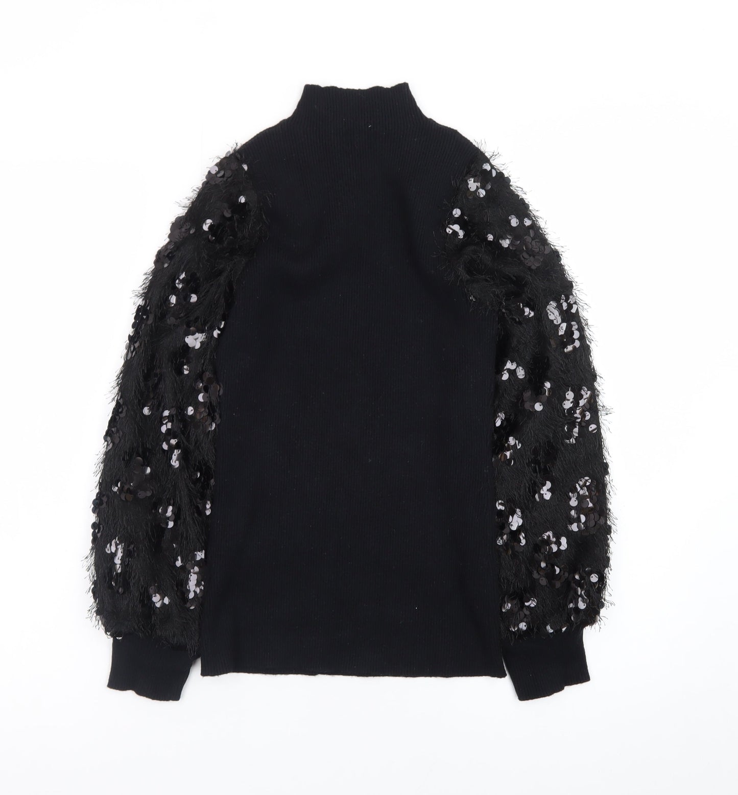 Quiz Women Black Sequin Sleeve Mock Neck Pullover Jumper M