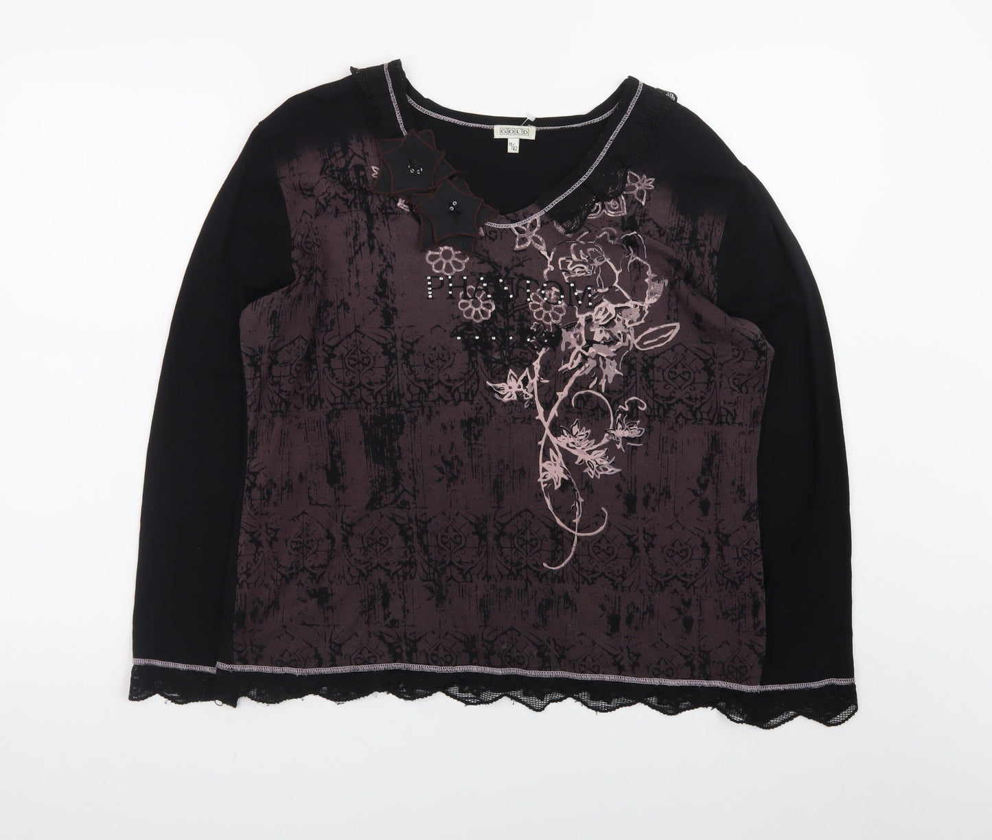 GOLD Womens Black Embroidered Floral Tunic Top Size 16 Viscose Blend