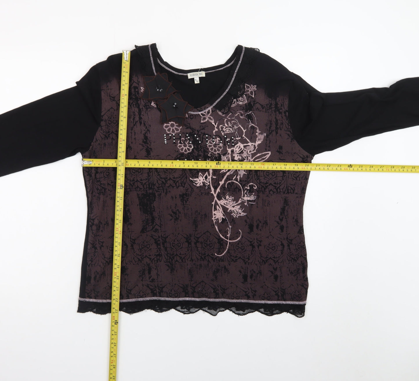 GOLD Womens Black Embroidered Floral Tunic Top Size 16 Viscose Blend