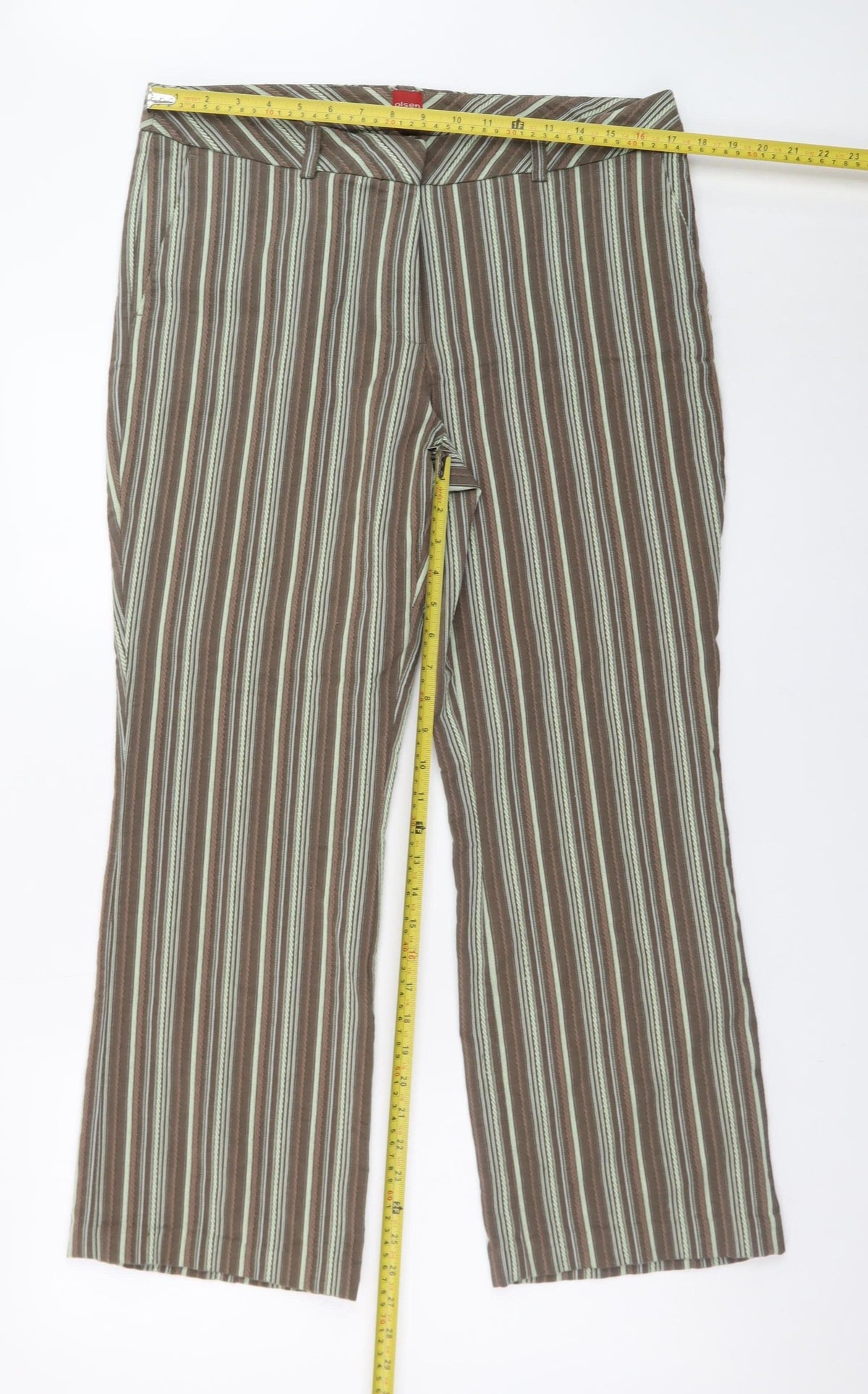 Olsen Women's Brown Striped Lisa Straight Trousers Size 18