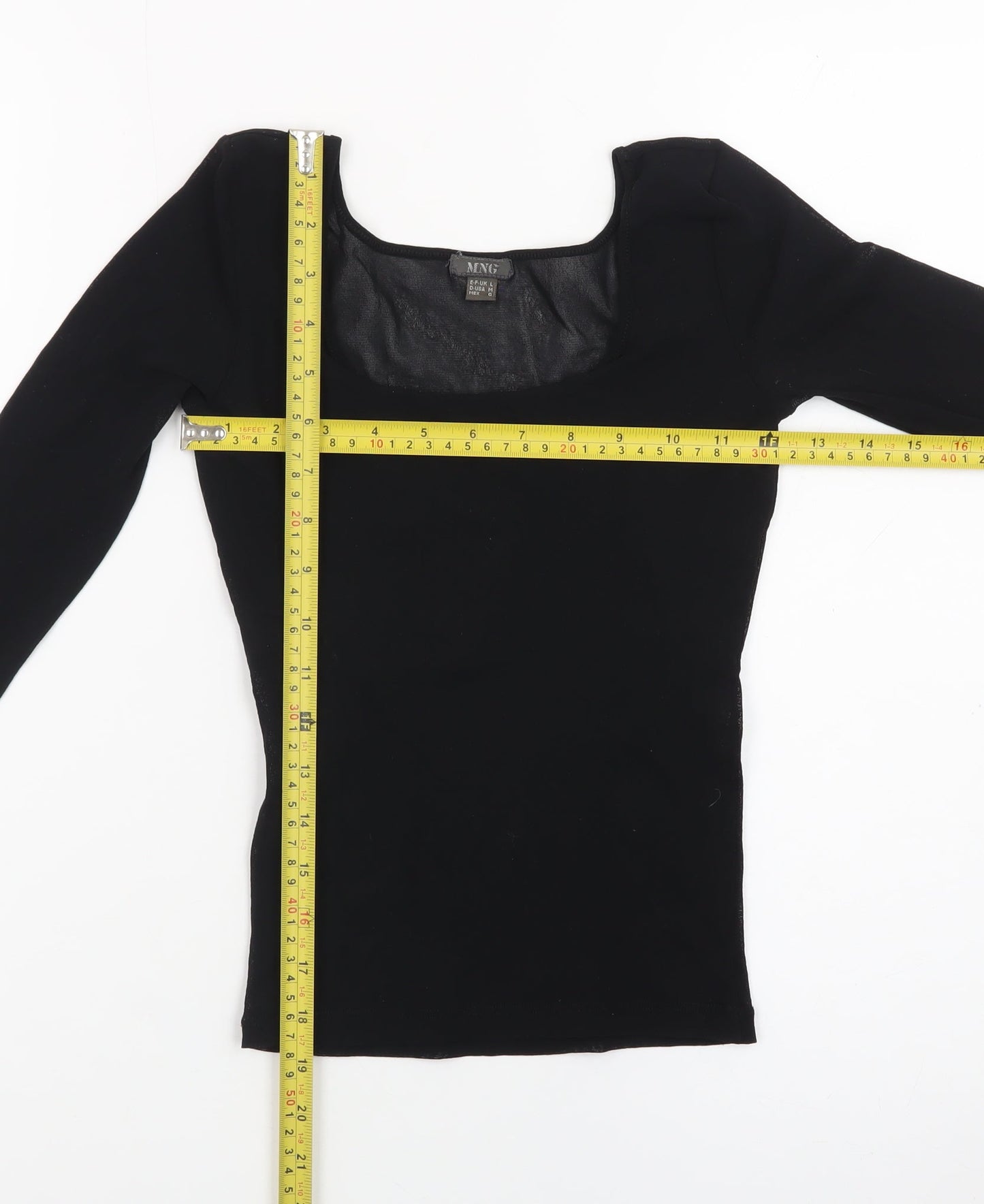 MNG Women's Black Long Sleeve Square Neck Stretch Top L
