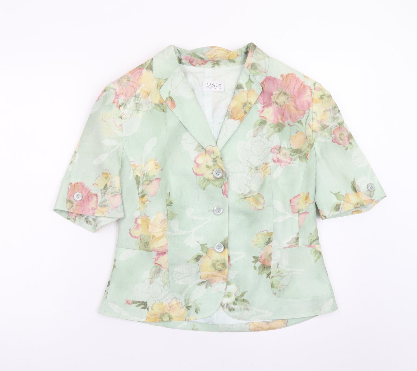 Basler Women's Green Floral Blazer Size 12 Short Sleeve Classic Style