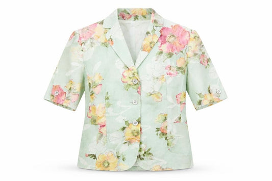 Basler Women's Green Floral Blazer Size 12 Short Sleeve Classic Style