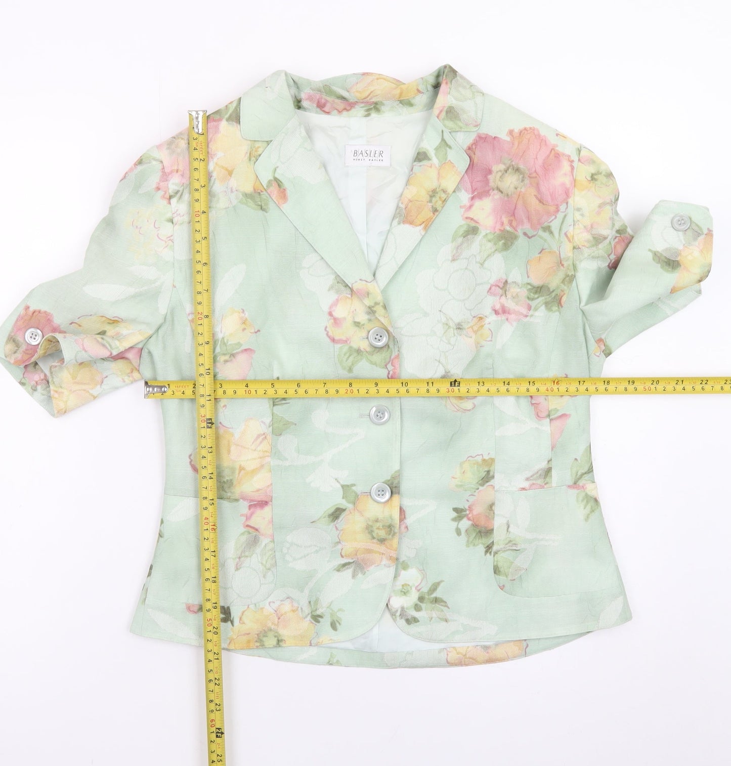 Basler Women's Green Floral Blazer Size 12 Short Sleeve Classic Style