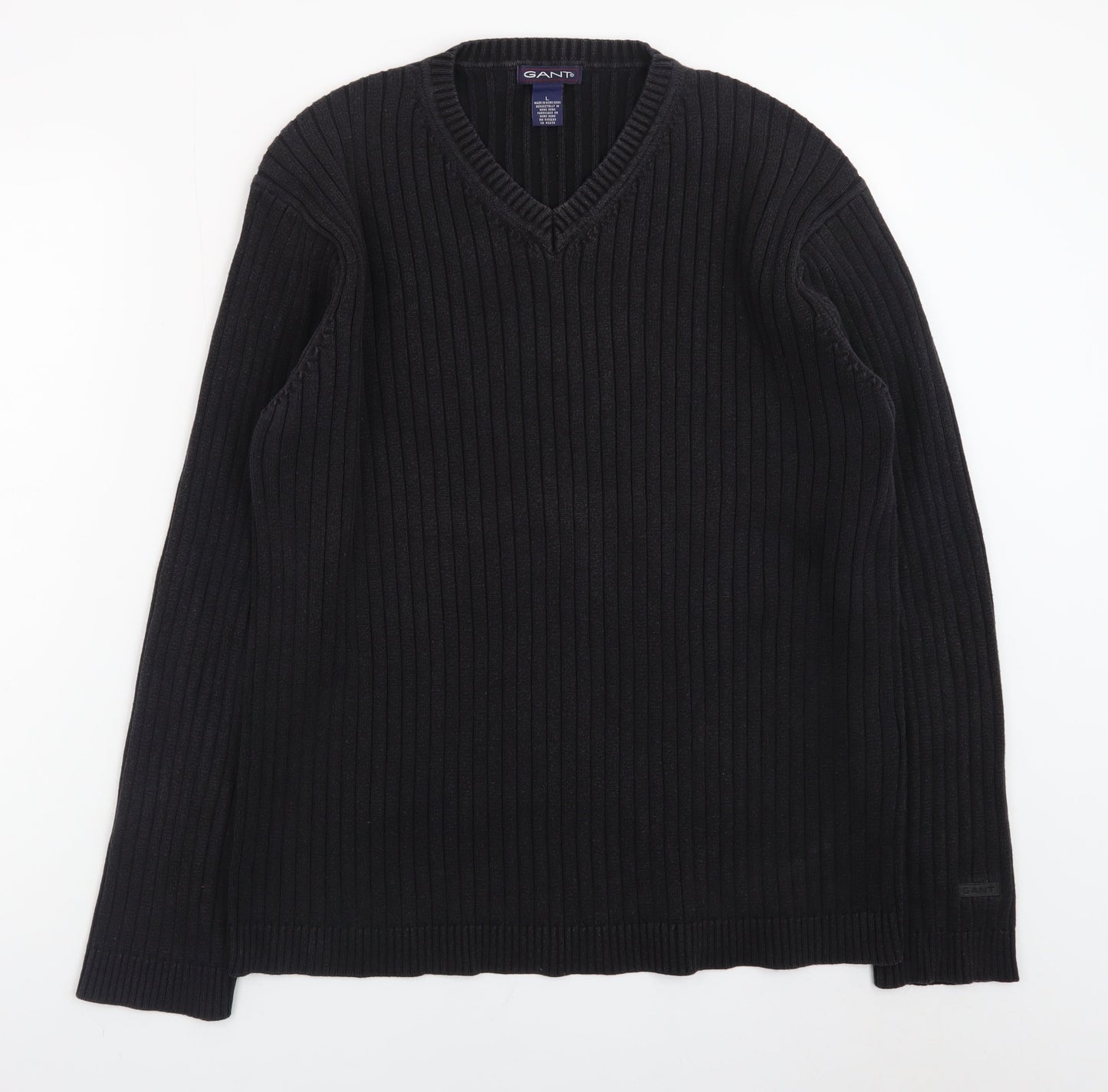 GANT Men's Black Cotton V-Neck Chunky Knit Jumper Size L