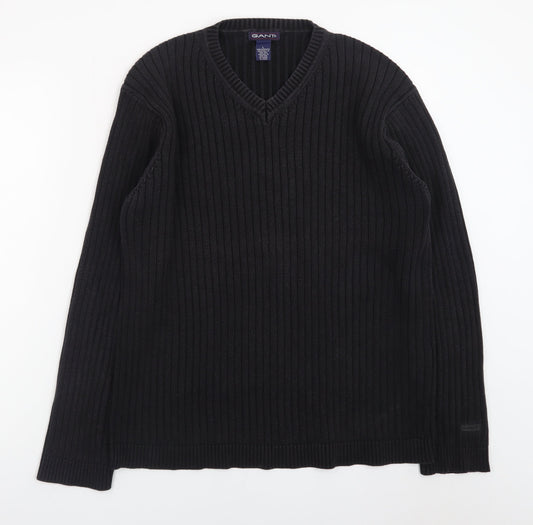 GANT Men's Black Cotton V-Neck Chunky Knit Jumper Size L