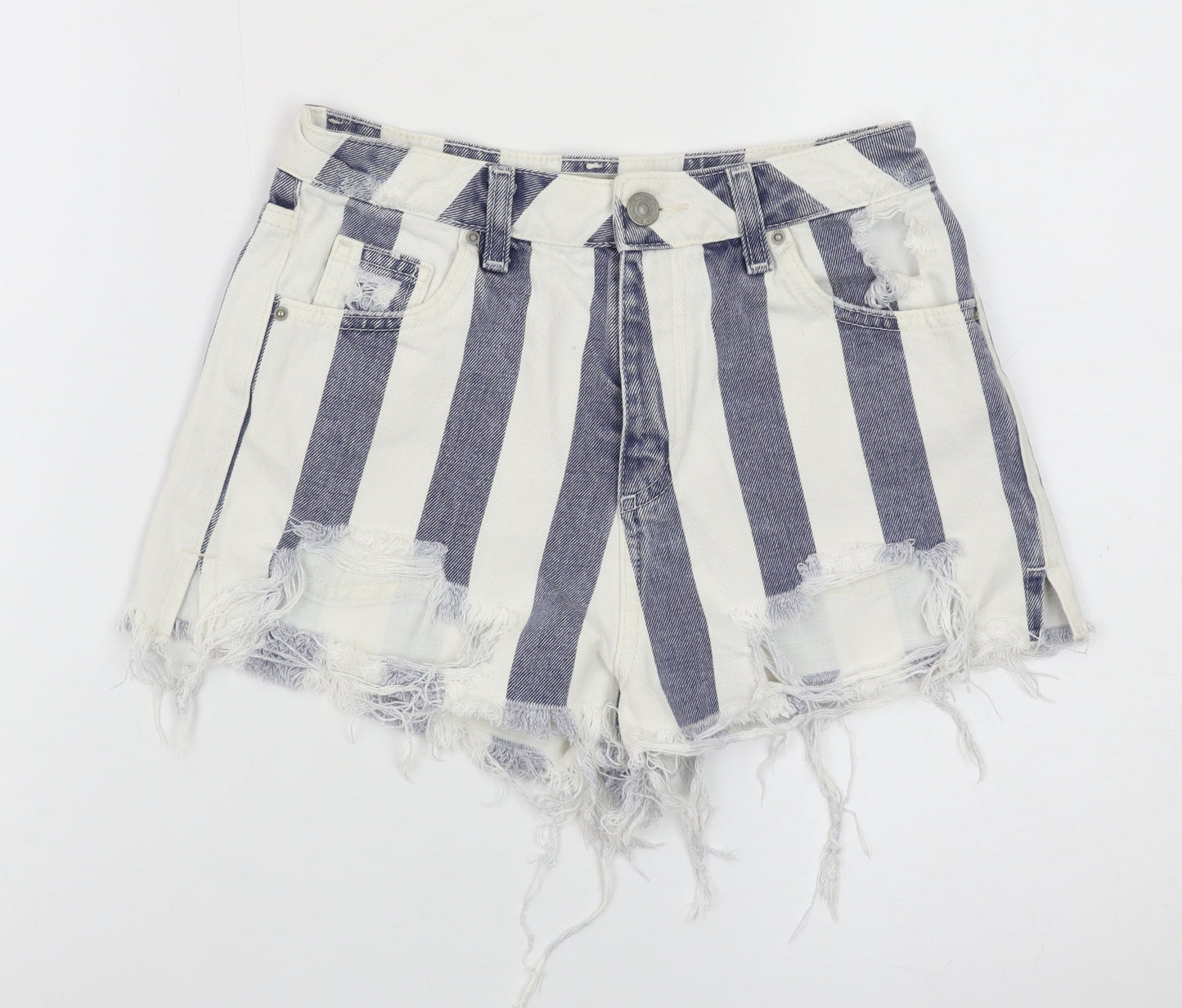Topshop Women White Blue Stripe Mom Denim Shorts Size 8 Distressed