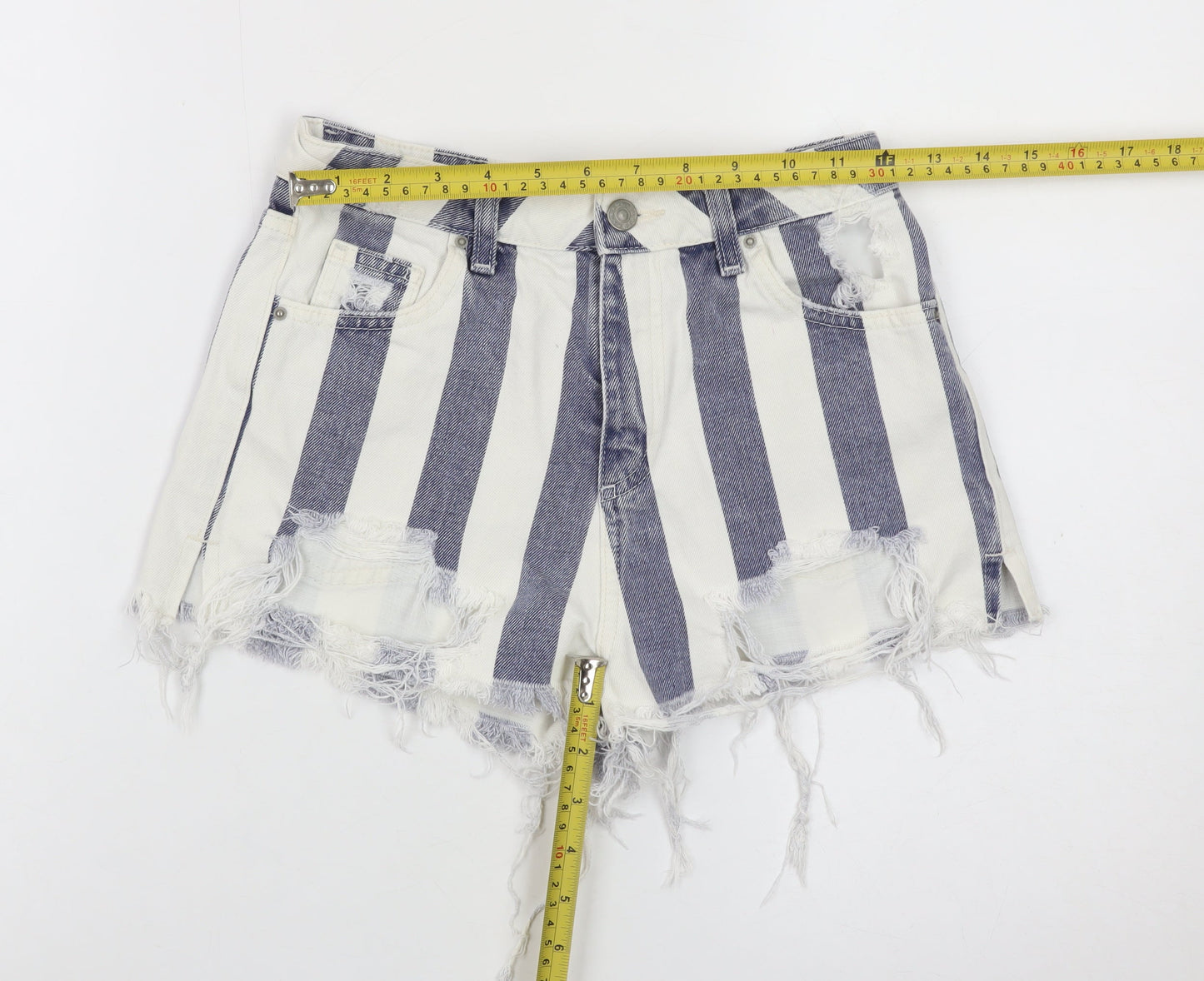 Topshop Women White Blue Stripe Mom Denim Shorts Size 8 Distressed