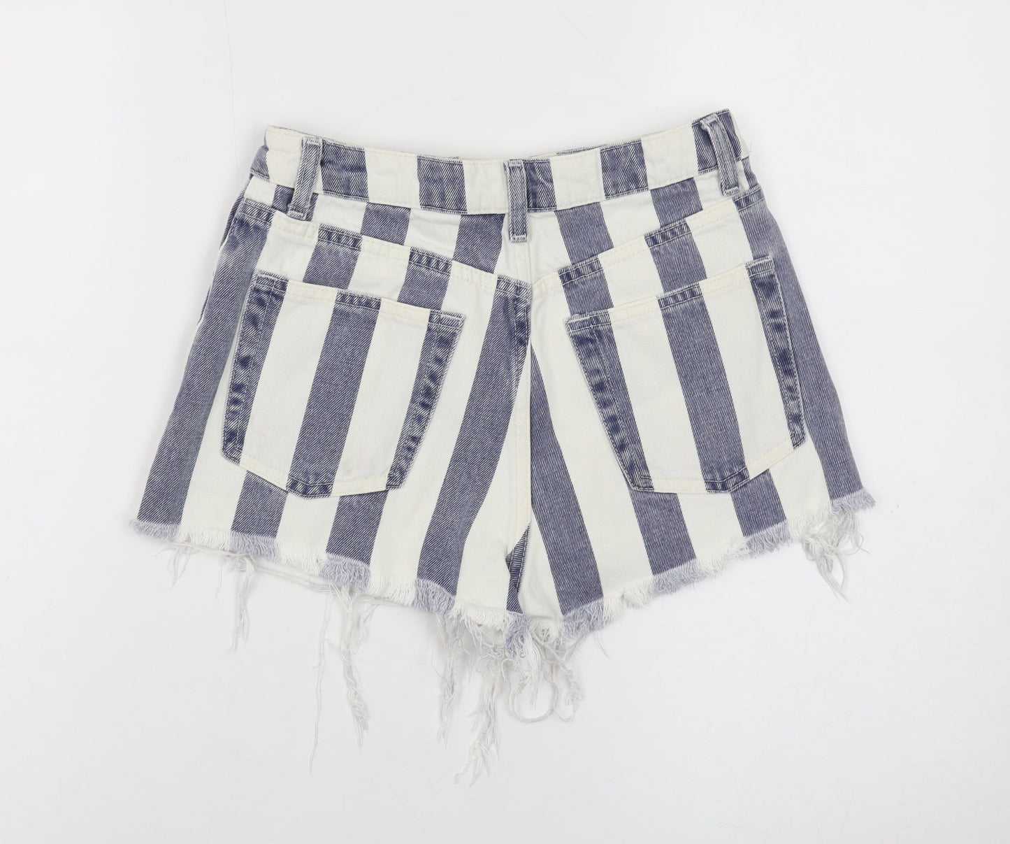 Topshop Women White Blue Stripe Mom Denim Shorts Size 8 Distressed