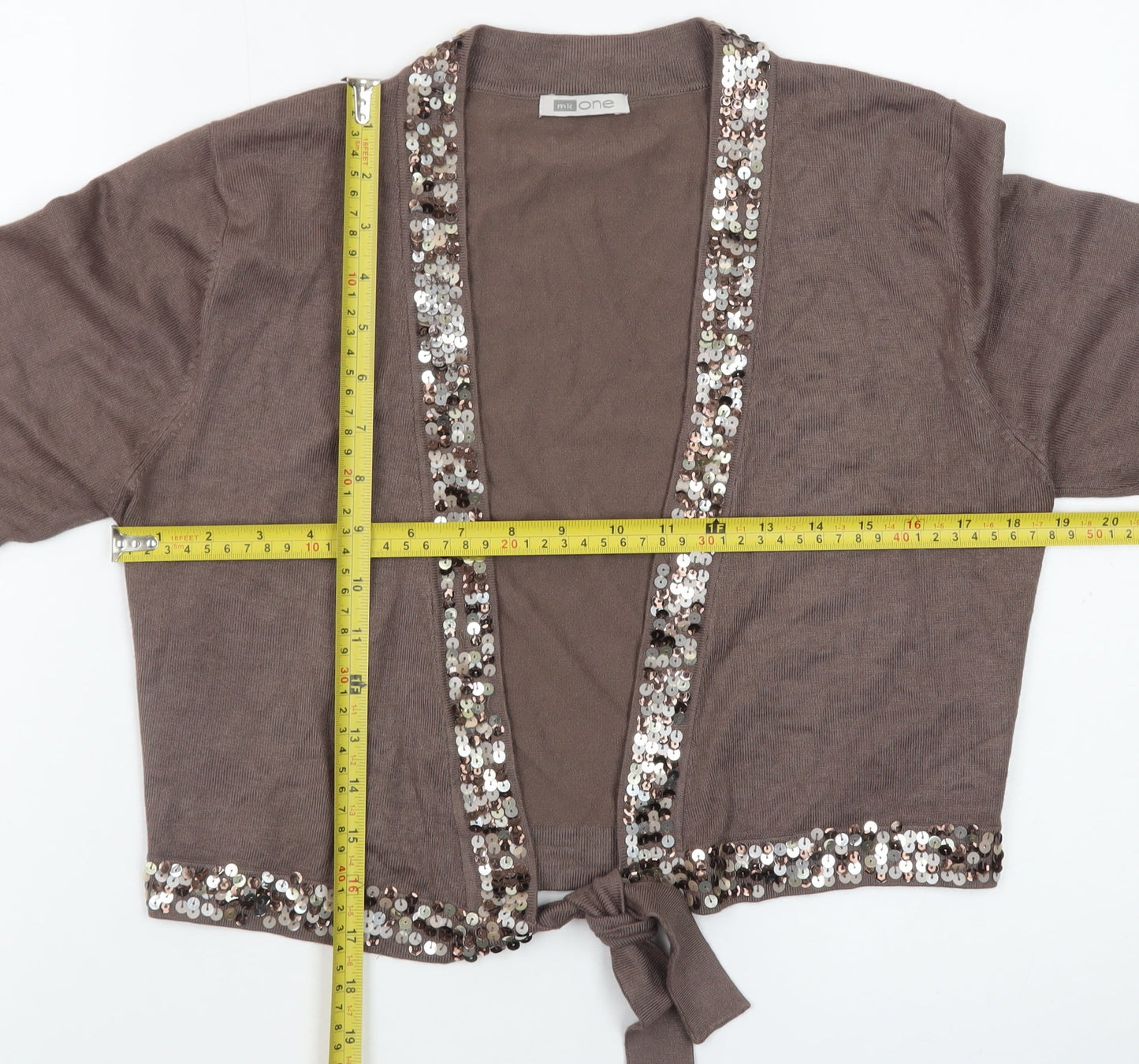 MK One Women’s Brown Sequin Tie Front Cardigan Size 16