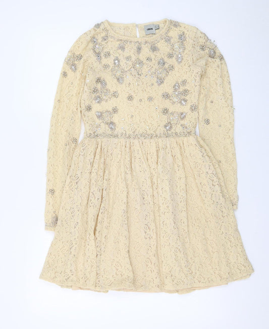 ASOS Women Beige Lace Fit & Flare Sequin Dress Size 8