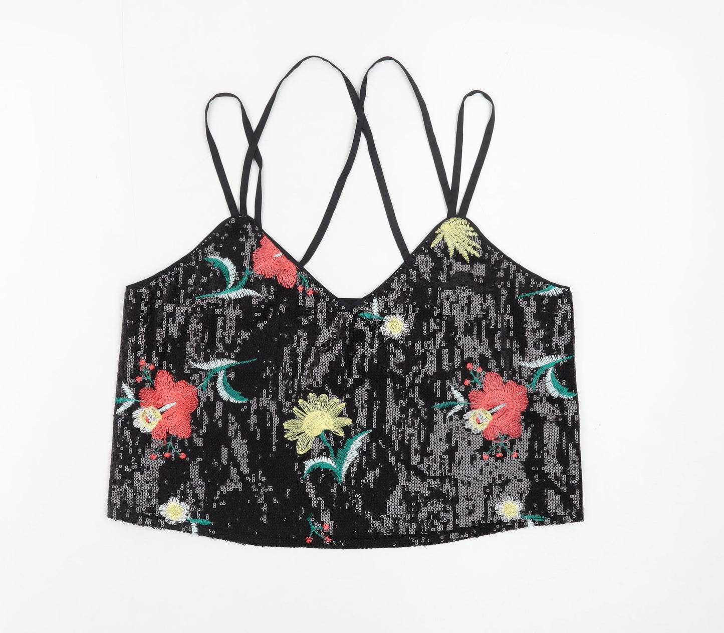 New Look Women’s Black Sequin Floral Camisole Tank Top Size 10