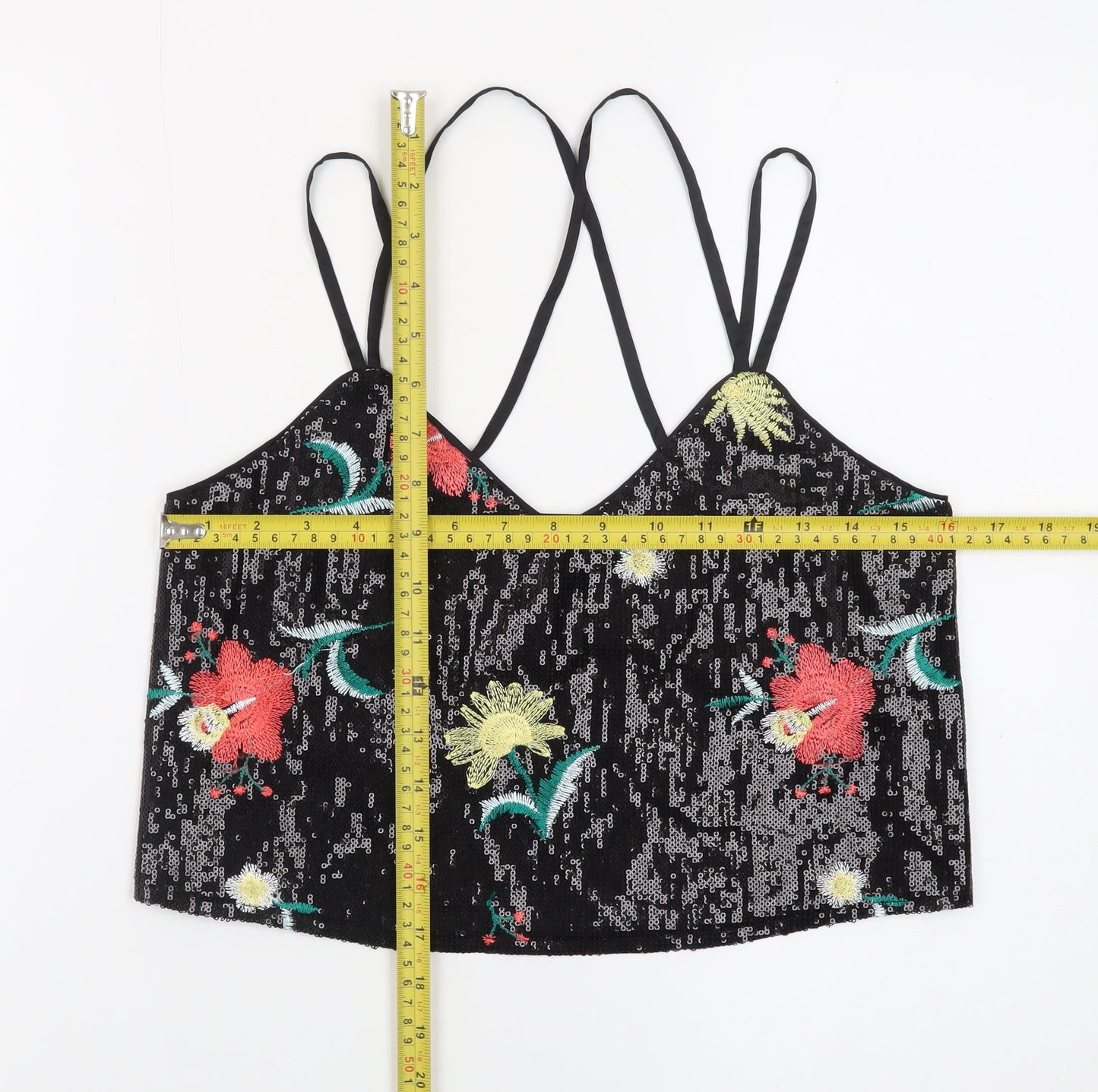 New Look Women’s Black Sequin Floral Camisole Tank Top Size 10
