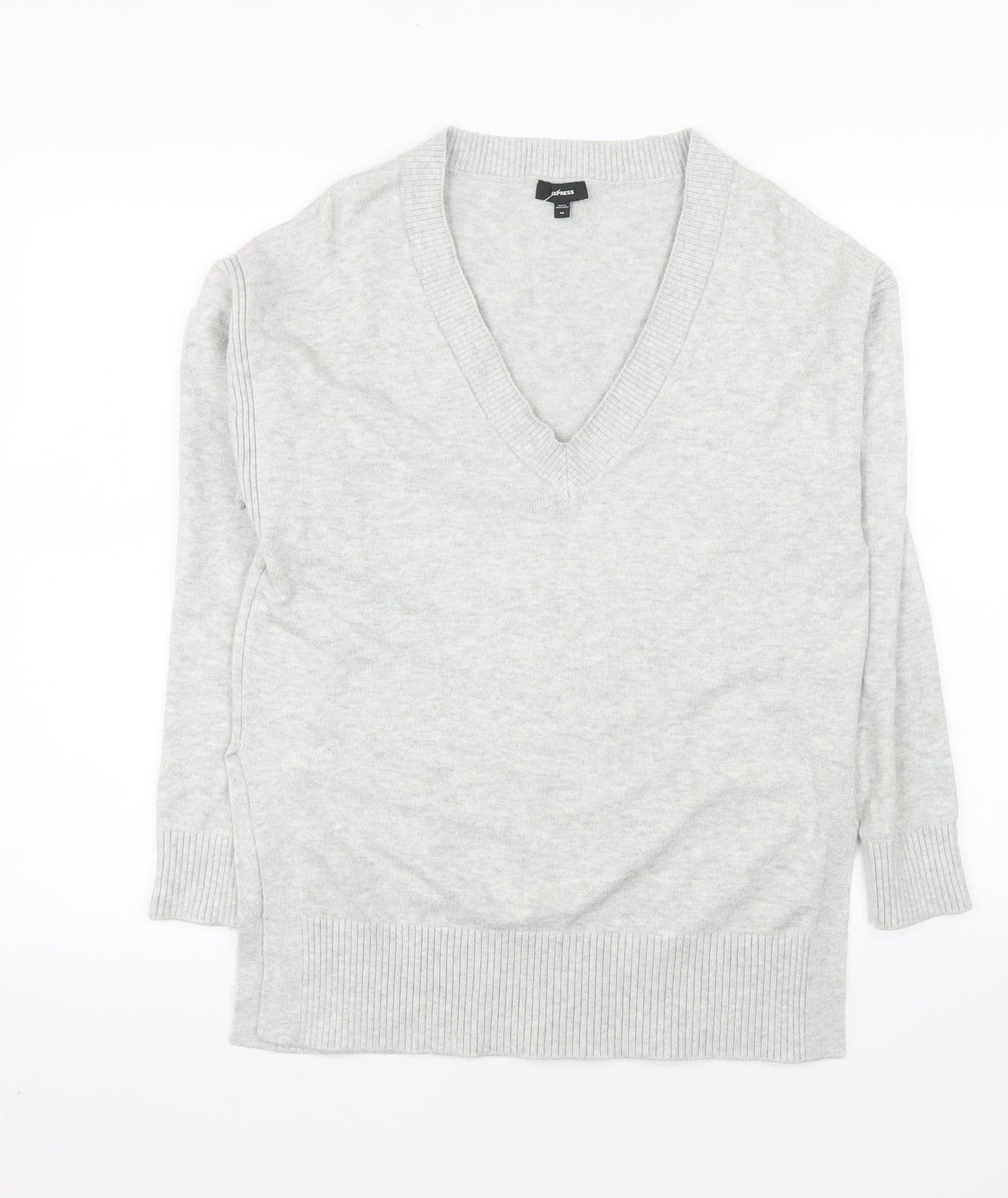 Express Women's Grey V-Neck Long Sleeve Pullover Jumper XS
