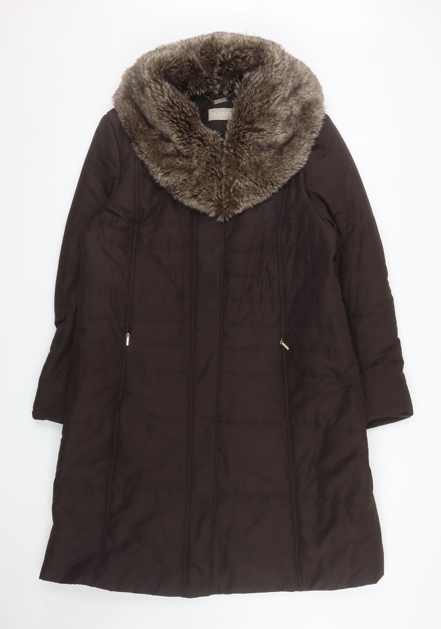 Planet Women's Brown Faux Fur Collar Long Padded Coat Size 16
