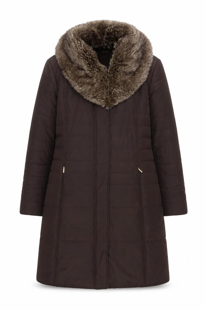 Planet Women's Brown Faux Fur Collar Long Padded Coat Size 16