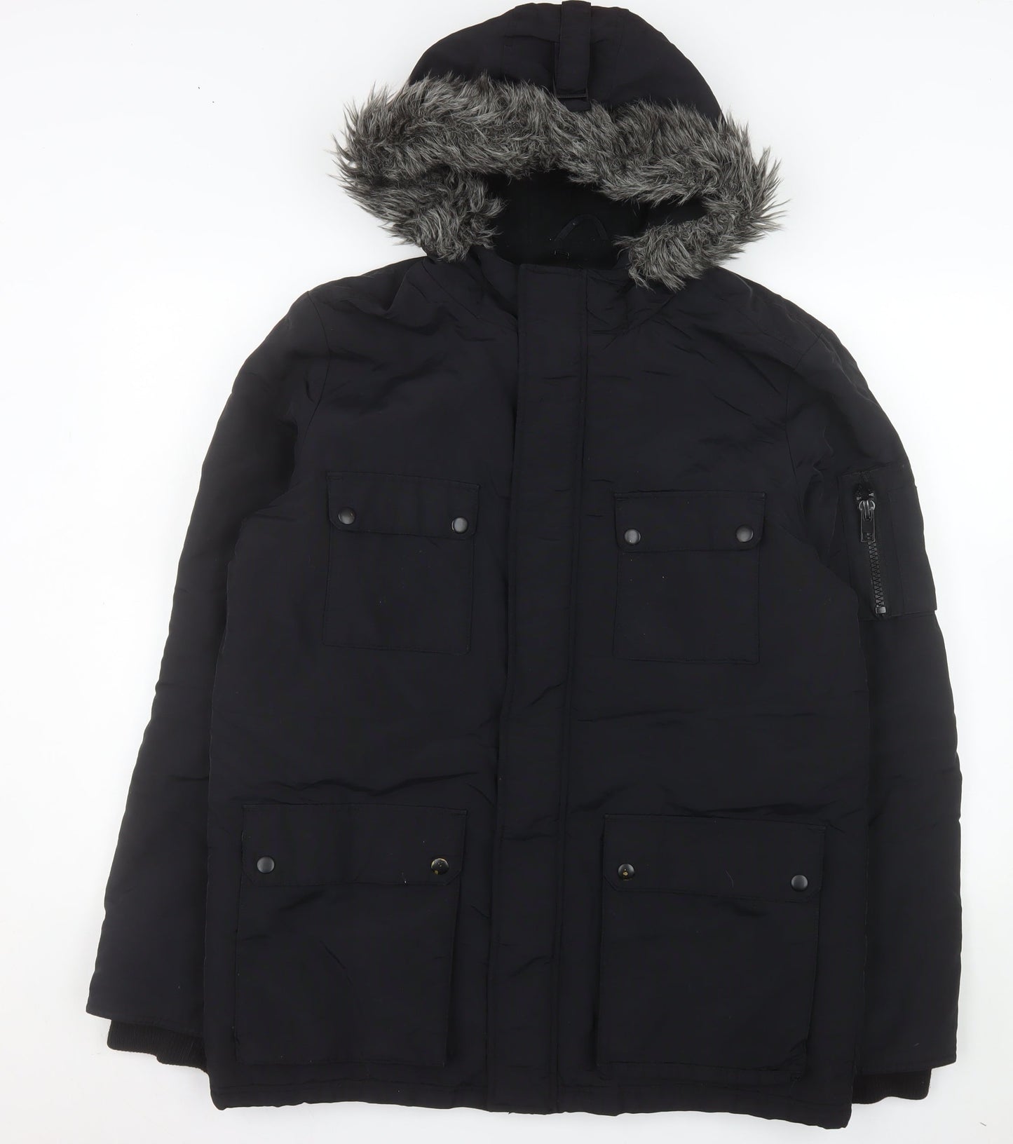 ACW85 Men's Black Faux Fur Hooded Parka Jacket Medium Winter Warm