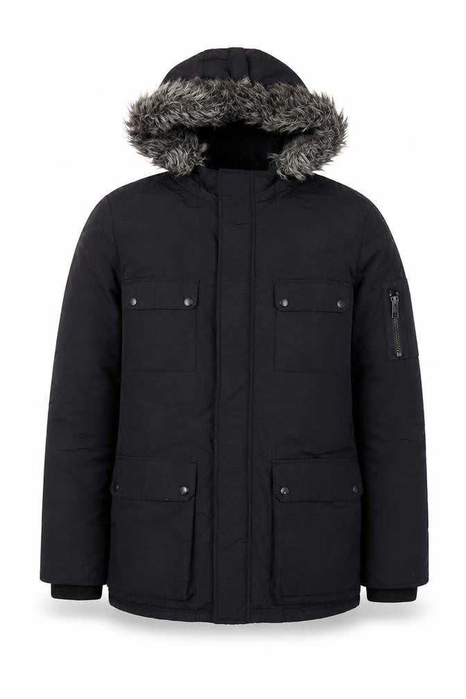 ACW85 Men's Black Faux Fur Hooded Parka Jacket Medium Winter Warm